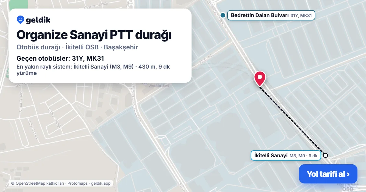 Organize Sanayi PTT otobüs durağı haritada: konumu ve yakındaki duraklar