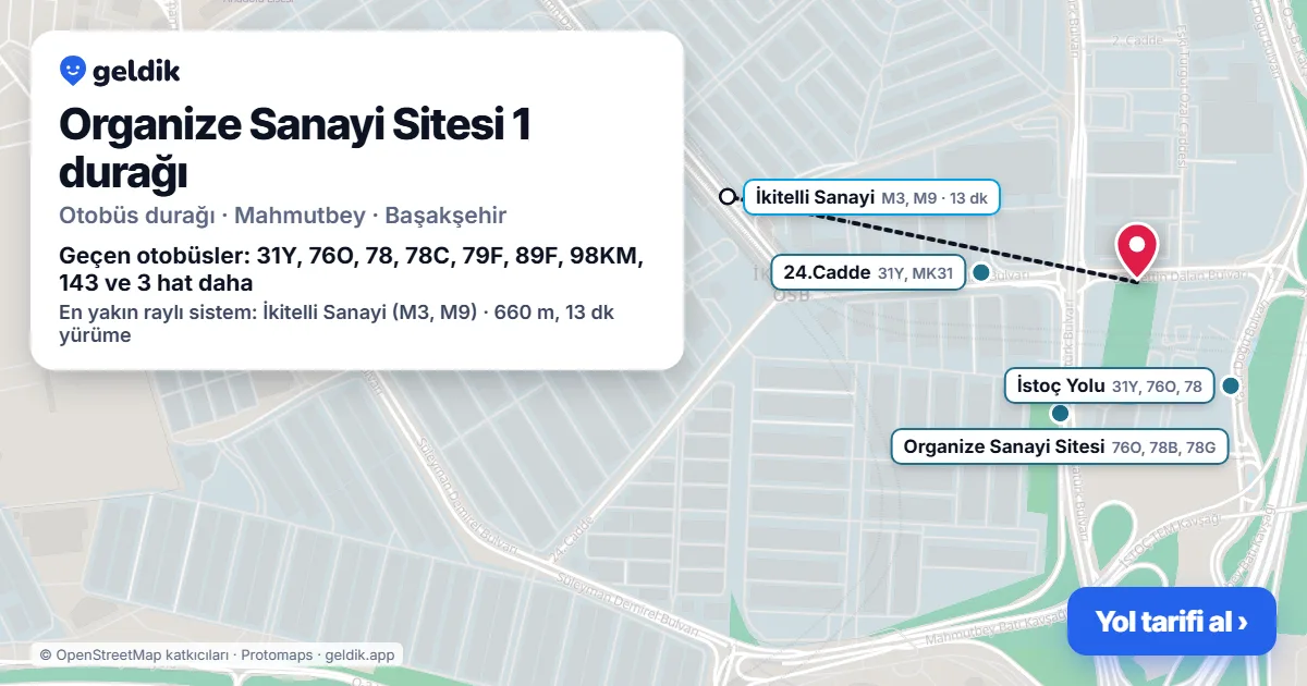 Organize Sanayi Sitesi 1 otobüs durağı haritada: konumu ve yakındaki duraklar