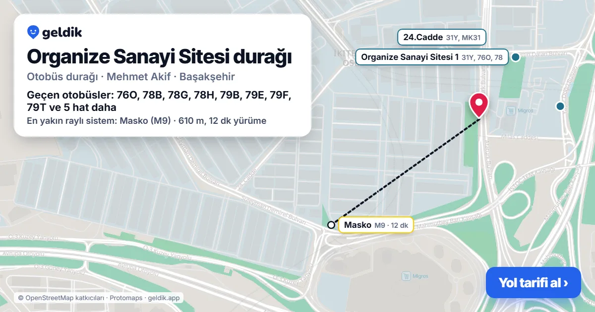 Organize Sanayi Sitesi otobüs durağı haritada: konumu ve yakındaki duraklar