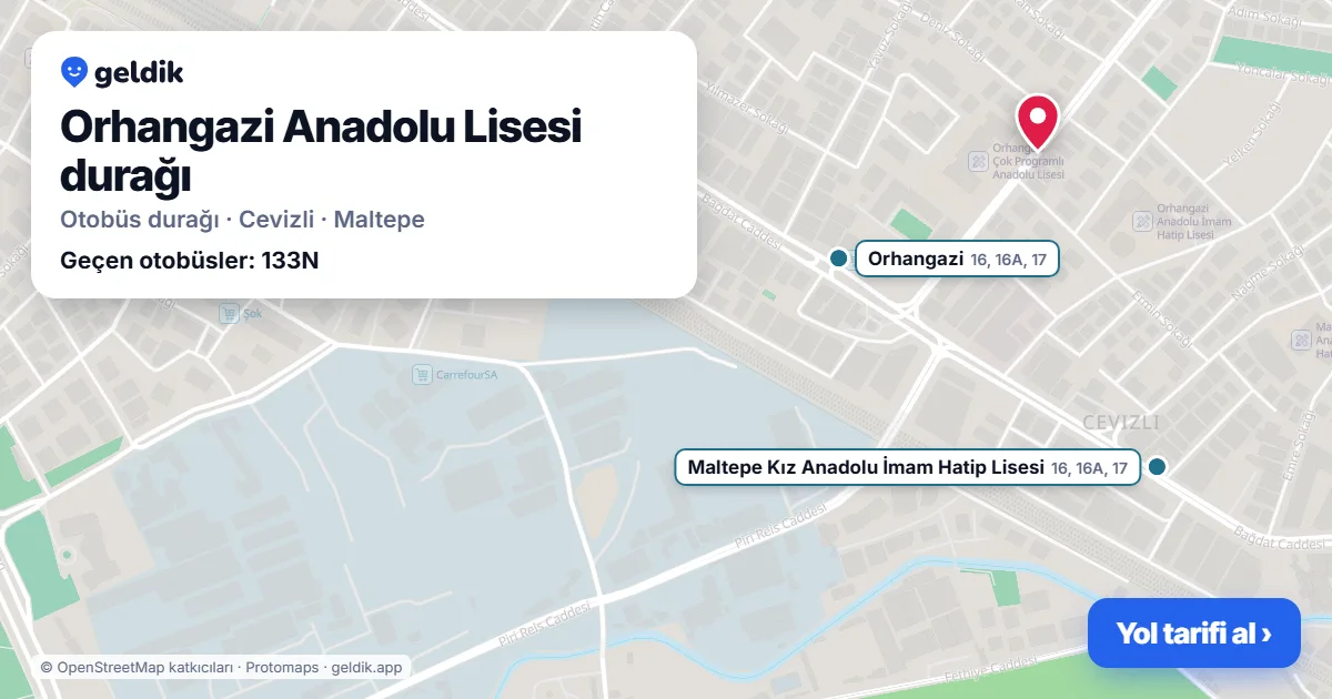 Orhangazi Anadolu Lisesi otobüs durağı haritada: konumu ve yakındaki duraklar