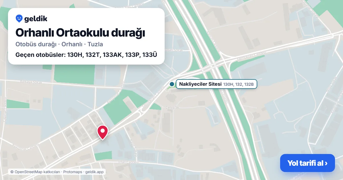 Orhanlı Ortaokulu otobüs durağı haritada: konumu ve yakındaki duraklar