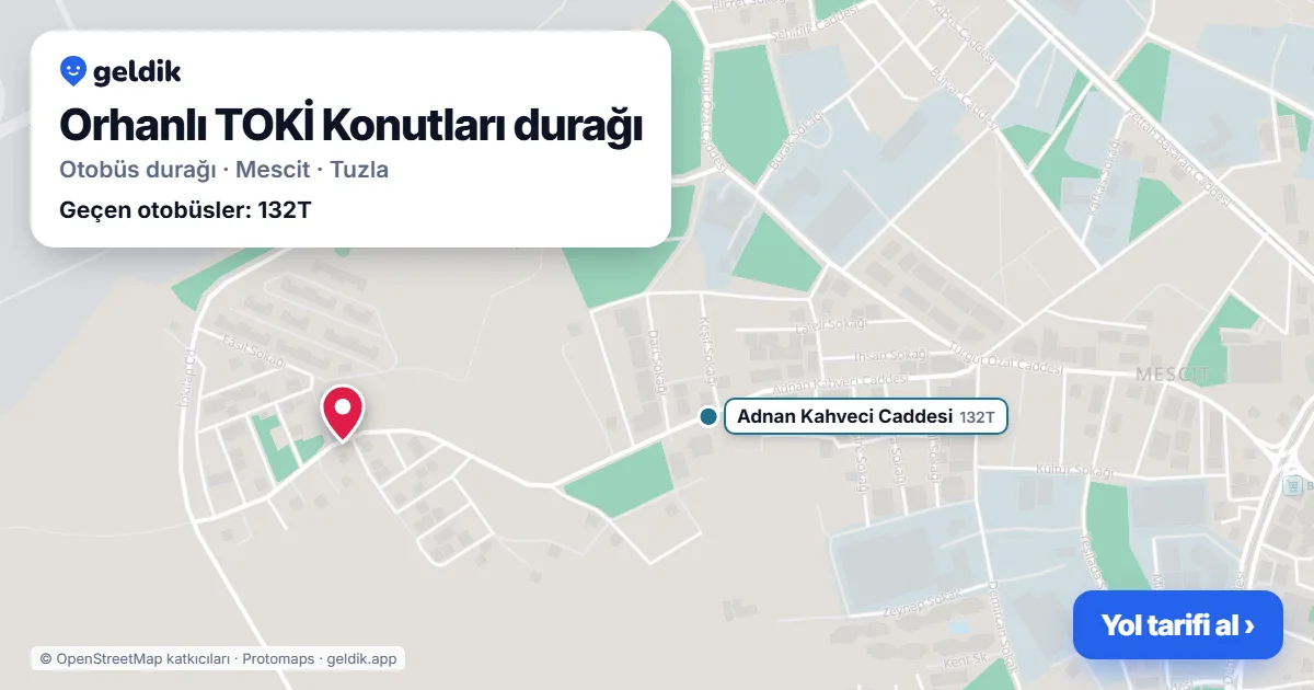 Orhanlı TOKİ Konutları otobüs durağı haritada: konumu ve yakındaki duraklar