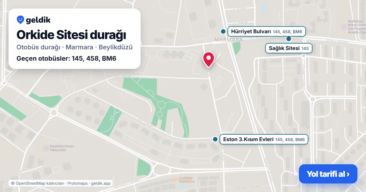 Orkide Sitesi otobüs durağı haritada: konumu ve yakındaki duraklar