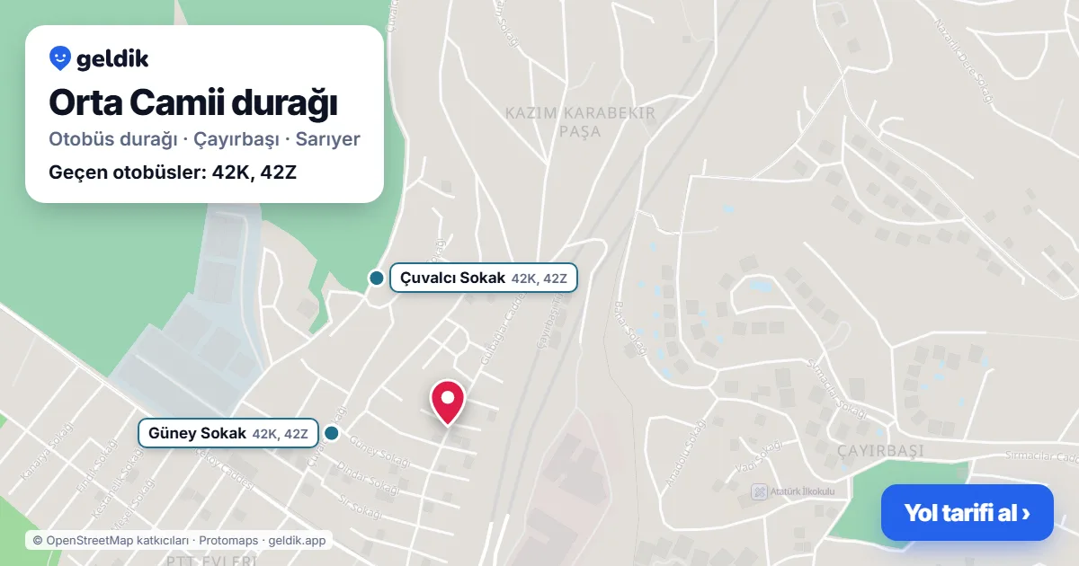 Orta Camii otobüs durağı haritada: konumu ve yakındaki duraklar