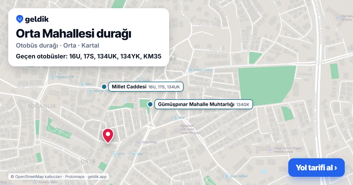 Orta Mahallesi otobüs durağı haritada: konumu ve yakındaki duraklar