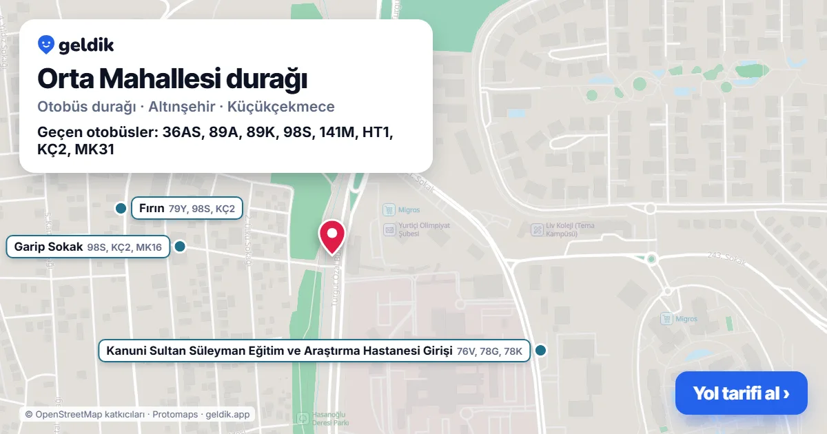 Orta Mahallesi otobüs durağı haritada: konumu ve yakındaki duraklar