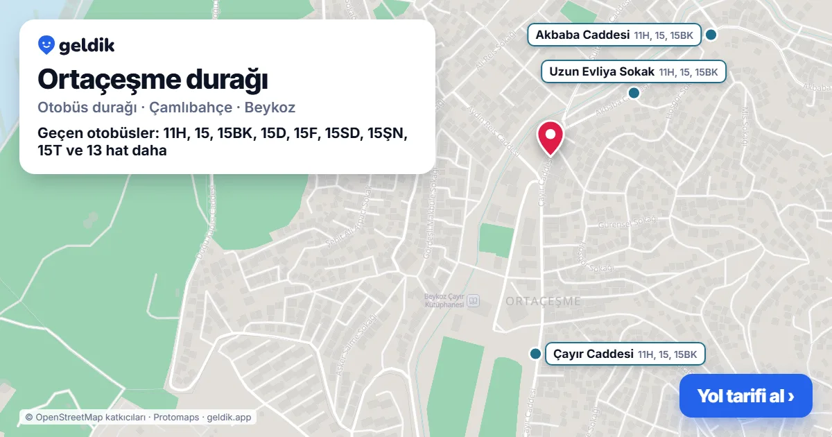 Ortaçeşme otobüs durağı haritada: konumu ve yakındaki duraklar