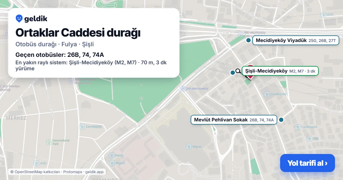 Ortaklar Caddesi otobüs durağı haritada: konumu ve yakındaki duraklar