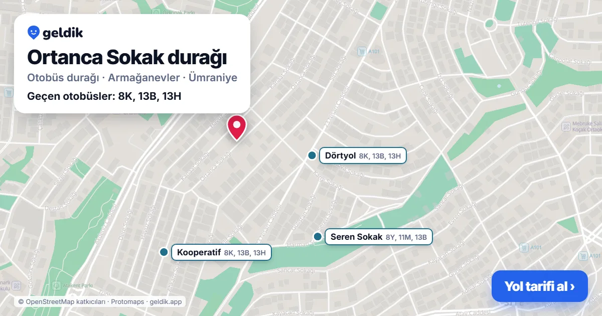 Ortanca Sokak otobüs durağı haritada: konumu ve yakındaki duraklar
