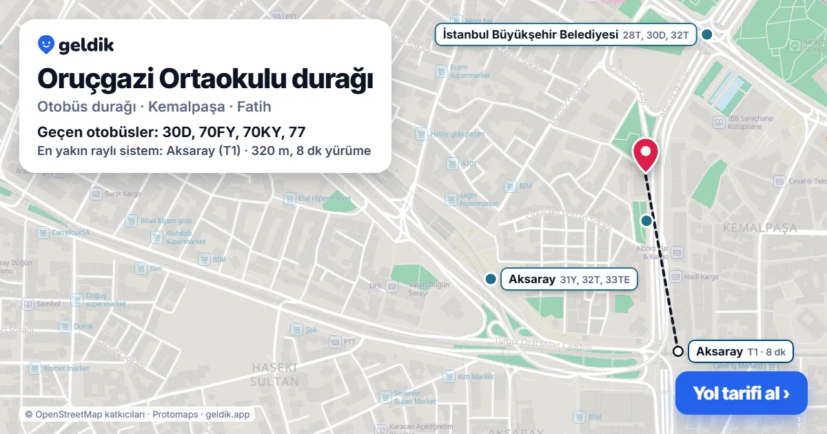 Oruçgazi Ortaokulu otobüs durağı haritada: konumu ve yakındaki duraklar