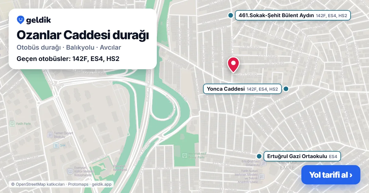 Ozanlar Caddesi otobüs durağı haritada: konumu ve yakındaki duraklar