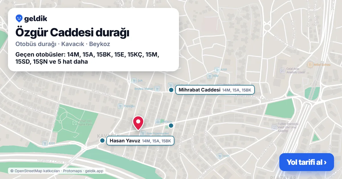 Özgür Caddesi otobüs durağı haritada: konumu ve yakındaki duraklar