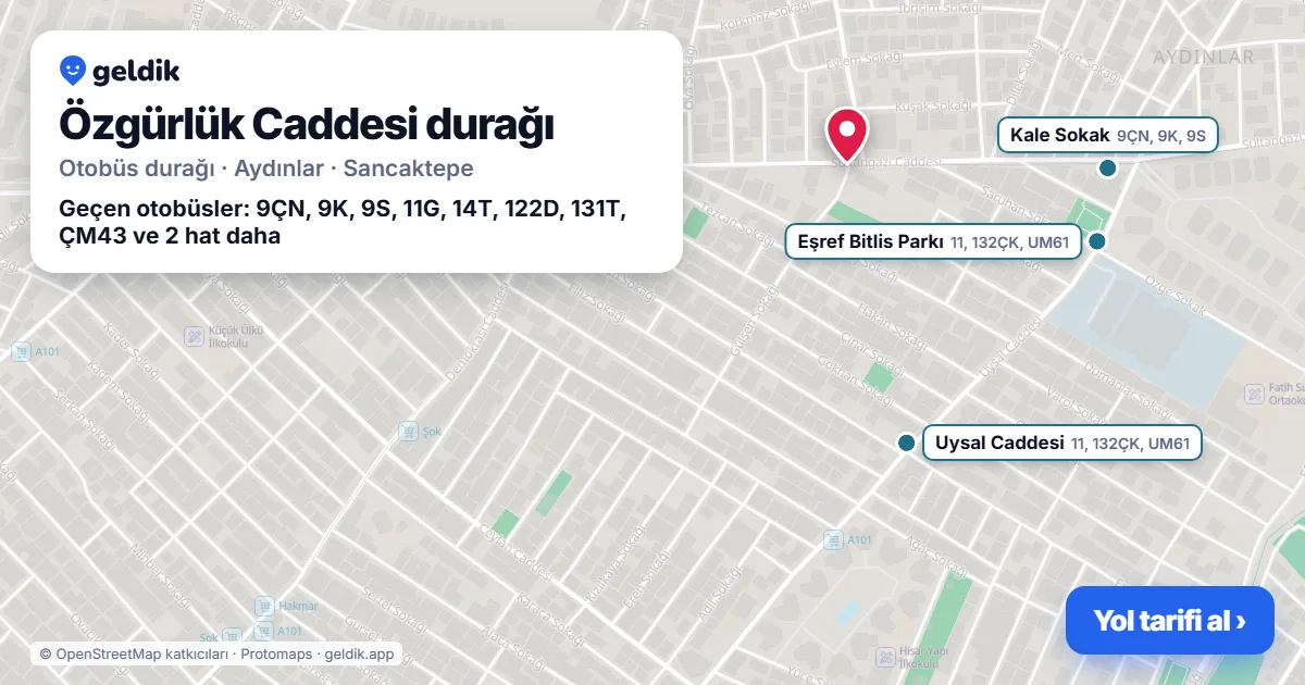 Özgürlük Caddesi otobüs durağı haritada: konumu ve yakındaki duraklar