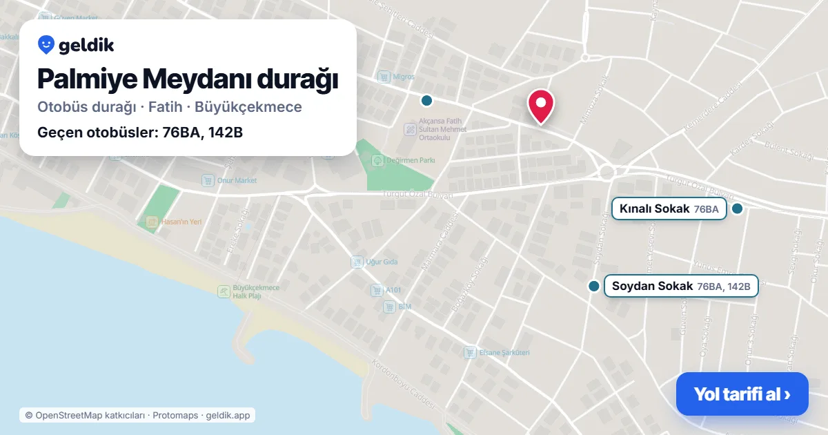 Palmiye Meydanı otobüs durağı haritada: konumu ve yakındaki duraklar