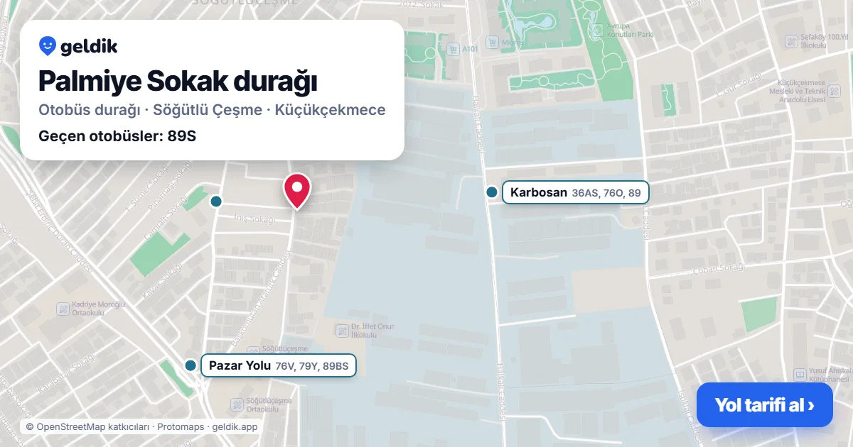 Palmiye Sokak otobüs durağı haritada: konumu ve yakındaki duraklar