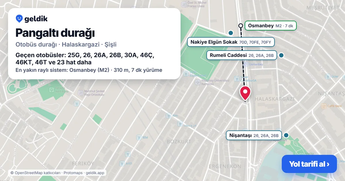Pangaltı otobüs durağı haritada: konumu ve yakındaki duraklar