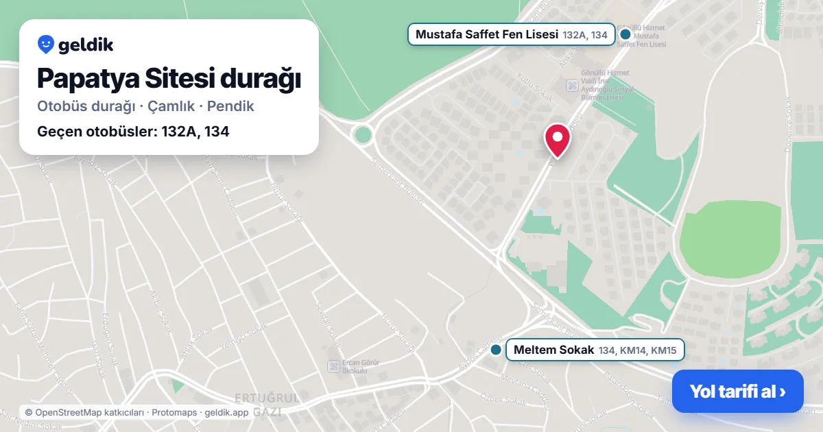 Papatya Sitesi otobüs durağı haritada: konumu ve yakındaki duraklar