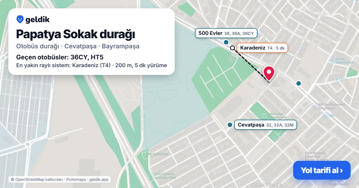 Papatya Sokak otobüs durağı haritada: konumu ve yakındaki duraklar