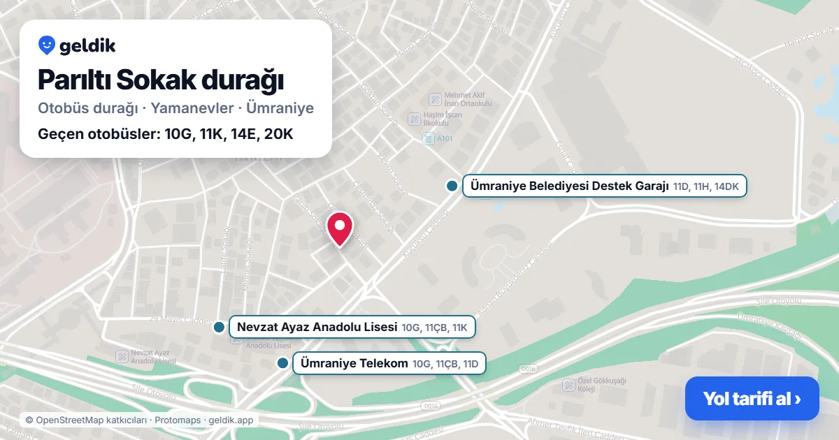 Parıltı Sokak otobüs durağı haritada: konumu ve yakındaki duraklar