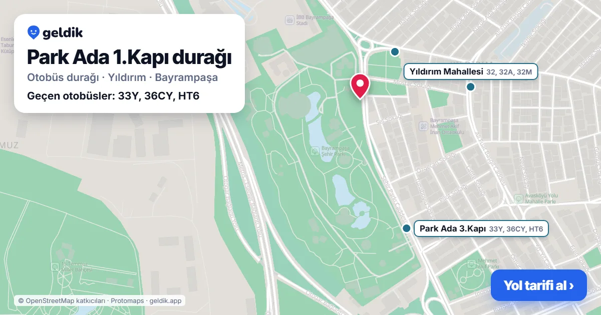 Park Ada 1.Kapı otobüs durağı haritada: konumu ve yakındaki duraklar