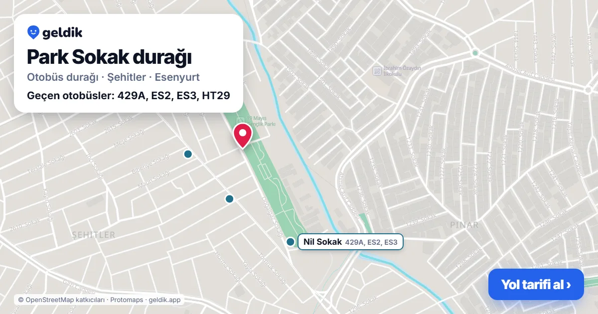 Park Sokak otobüs durağı haritada: konumu ve yakındaki duraklar