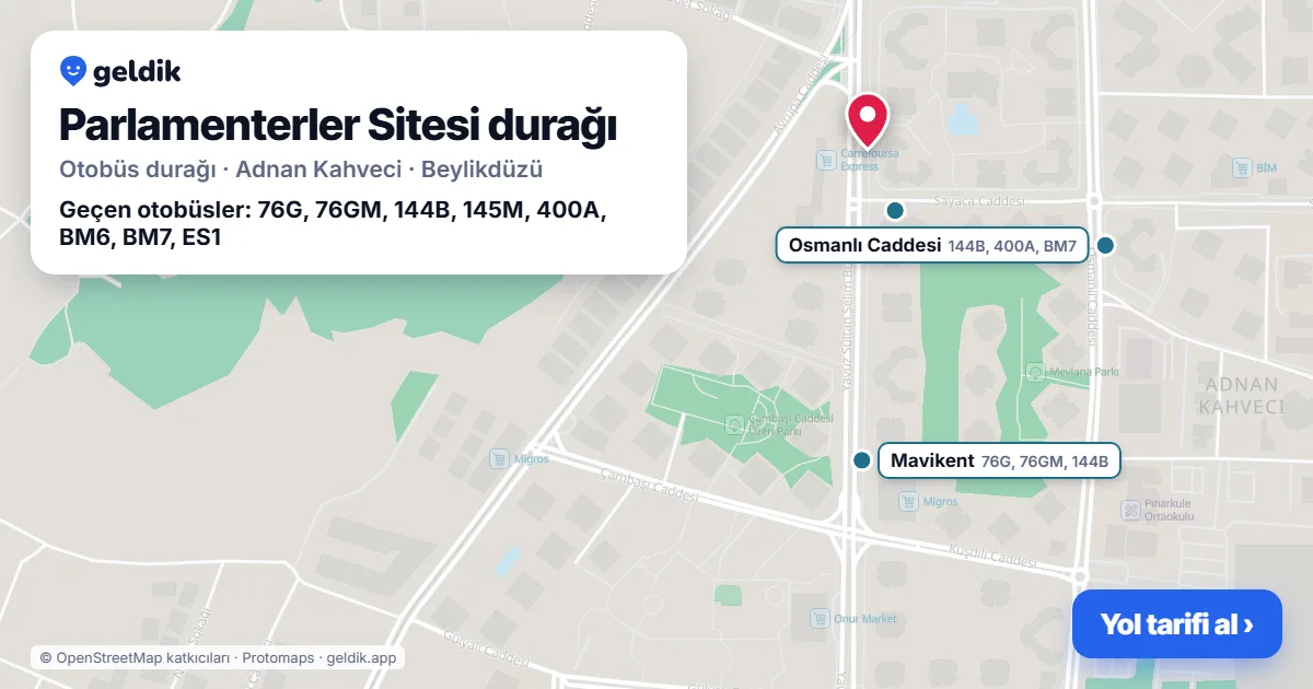 Parlamenterler Sitesi otobüs durağı haritada: konumu ve yakındaki duraklar