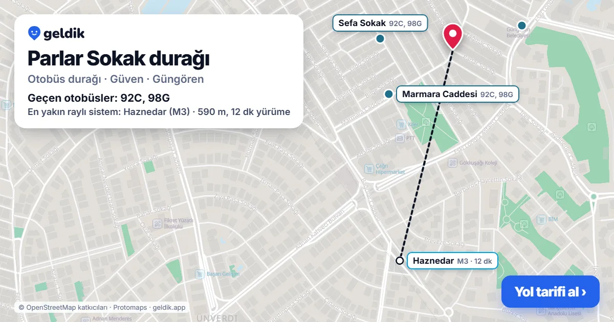 Parlar Sokak otobüs durağı haritada: konumu ve yakındaki duraklar