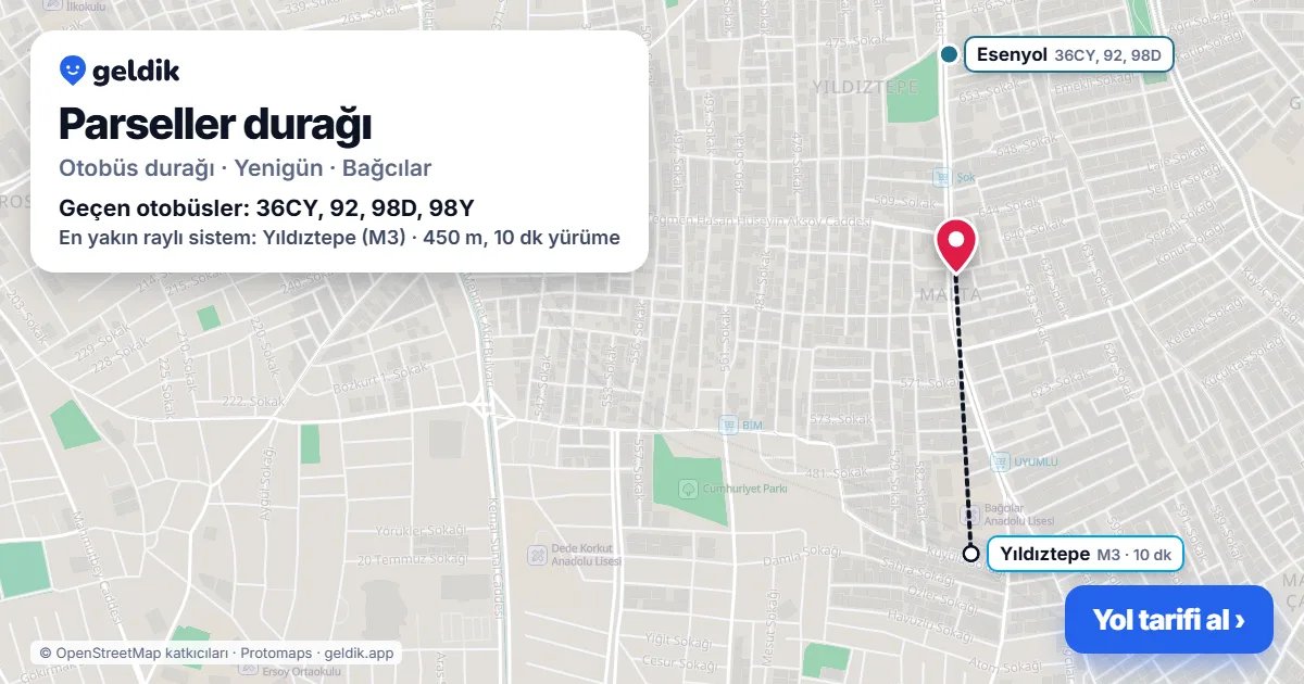 Parseller otobüs durağı haritada: konumu ve yakındaki duraklar