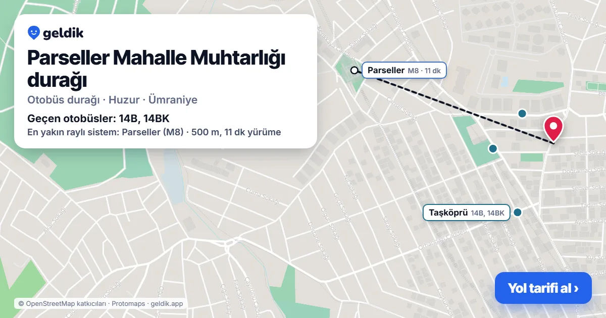 Parseller Mahalle Muhtarlığı otobüs durağı haritada: konumu ve yakındaki duraklar