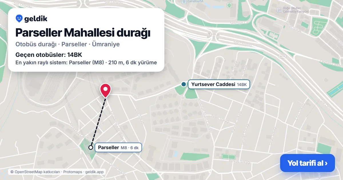 Parseller Mahallesi otobüs durağı haritada: konumu ve yakındaki duraklar