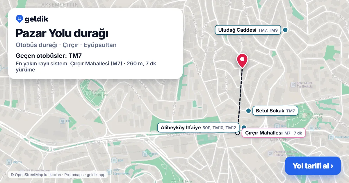 Pazar Yolu otobüs durağı haritada: konumu ve yakındaki duraklar