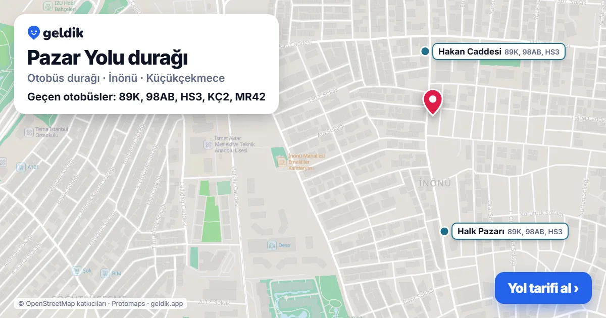 Pazar Yolu otobüs durağı haritada: konumu ve yakındaki duraklar