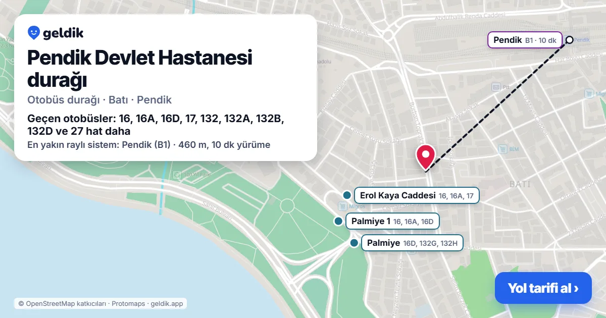 Pendik Devlet Hastanesi otobüs durağı haritada: konumu ve yakındaki duraklar