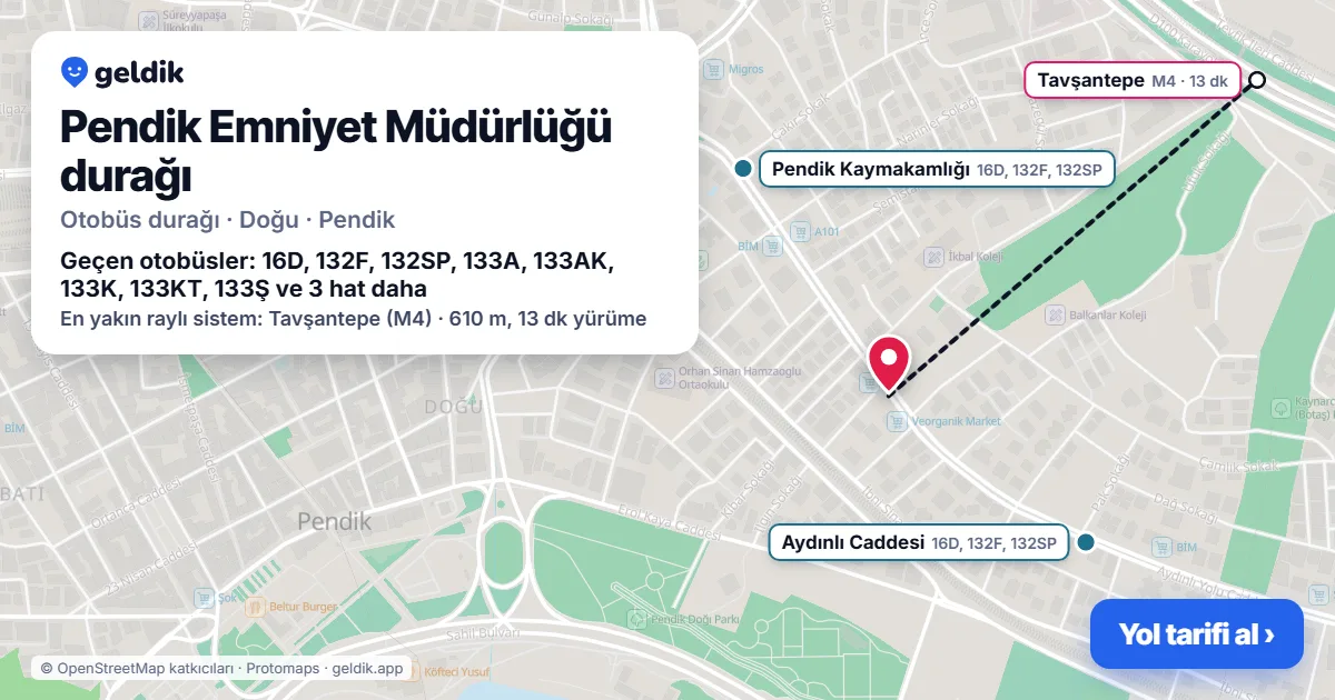 Pendik Emniyet Müdürlüğü otobüs durağı haritada: konumu ve yakındaki duraklar