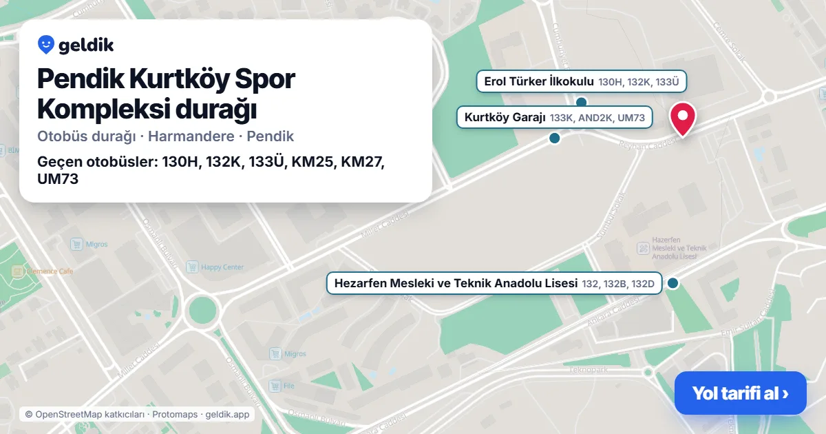 Pendik Kurtköy Spor Kompleksi otobüs durağı haritada: konumu ve yakındaki duraklar
