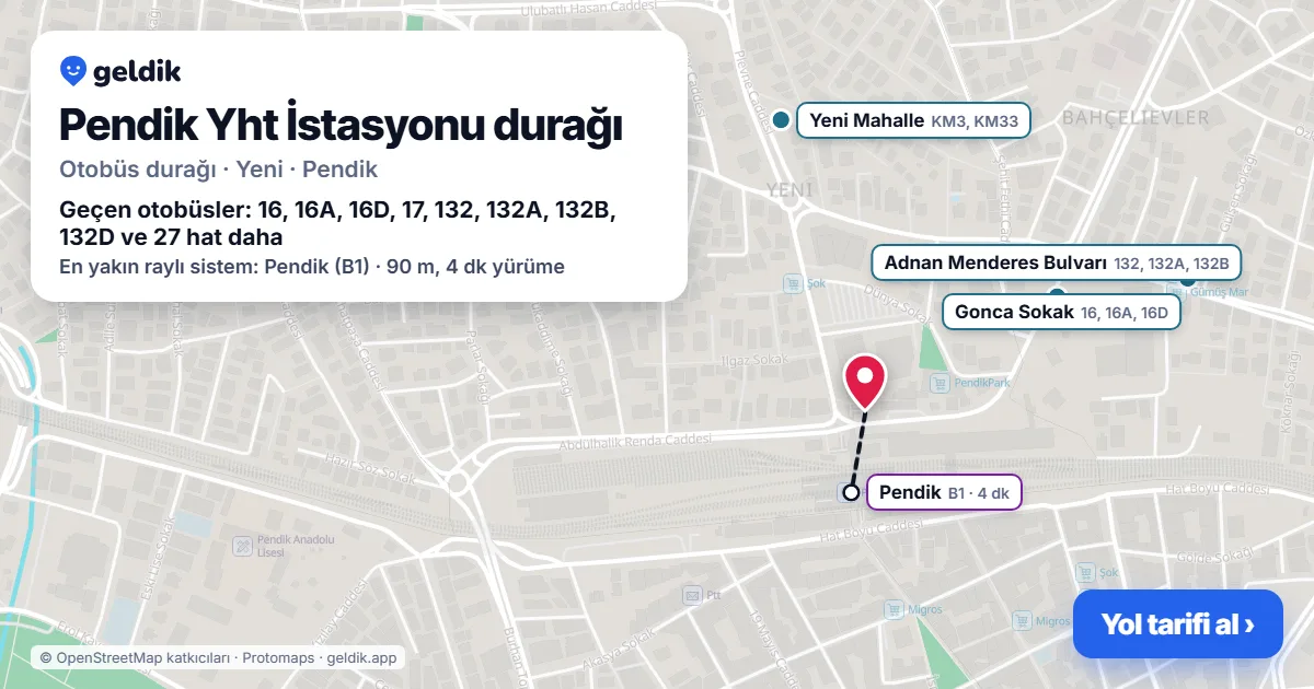 Pendik Yht İstasyonu otobüs durağı haritada: konumu ve yakındaki duraklar