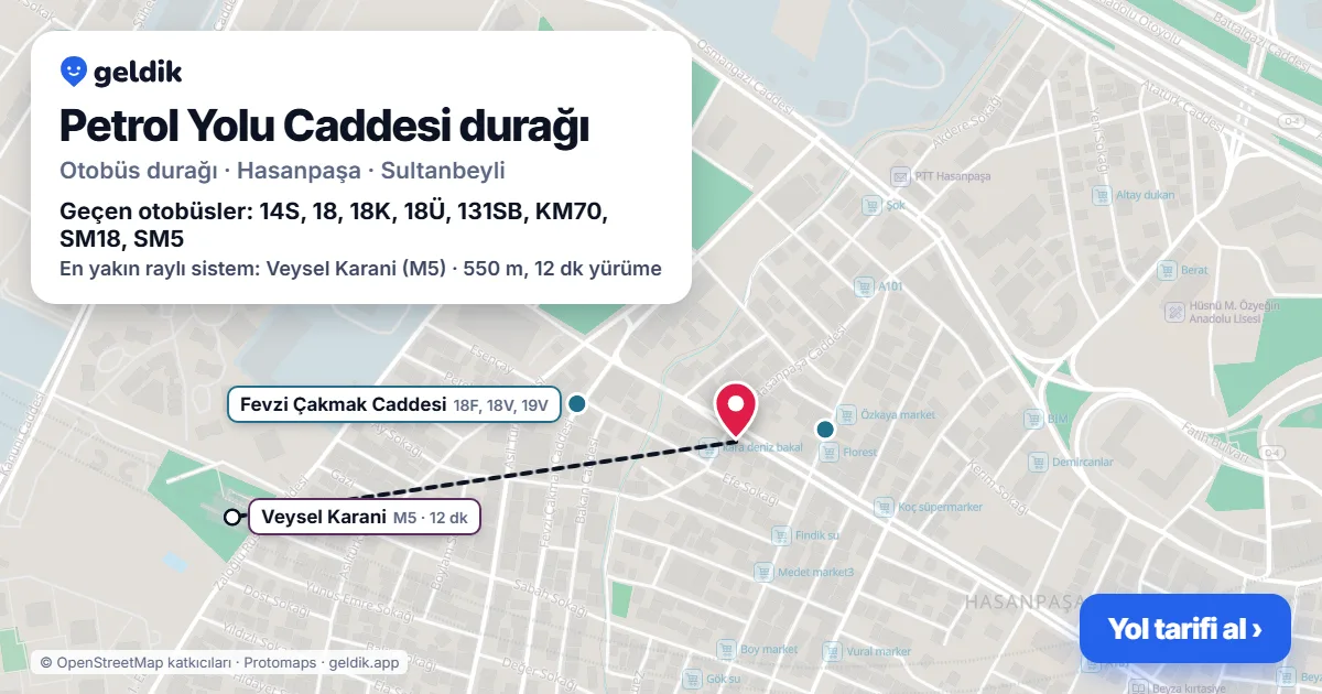 Petrol Yolu Caddesi otobüs durağı haritada: konumu ve yakındaki duraklar