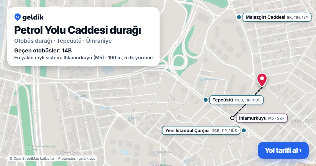 Petrol Yolu Caddesi otobüs durağı haritada: konumu ve yakındaki duraklar