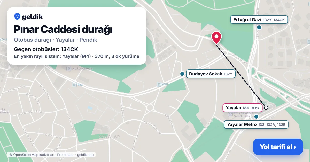 Pınar Caddesi otobüs durağı haritada: konumu ve yakındaki duraklar