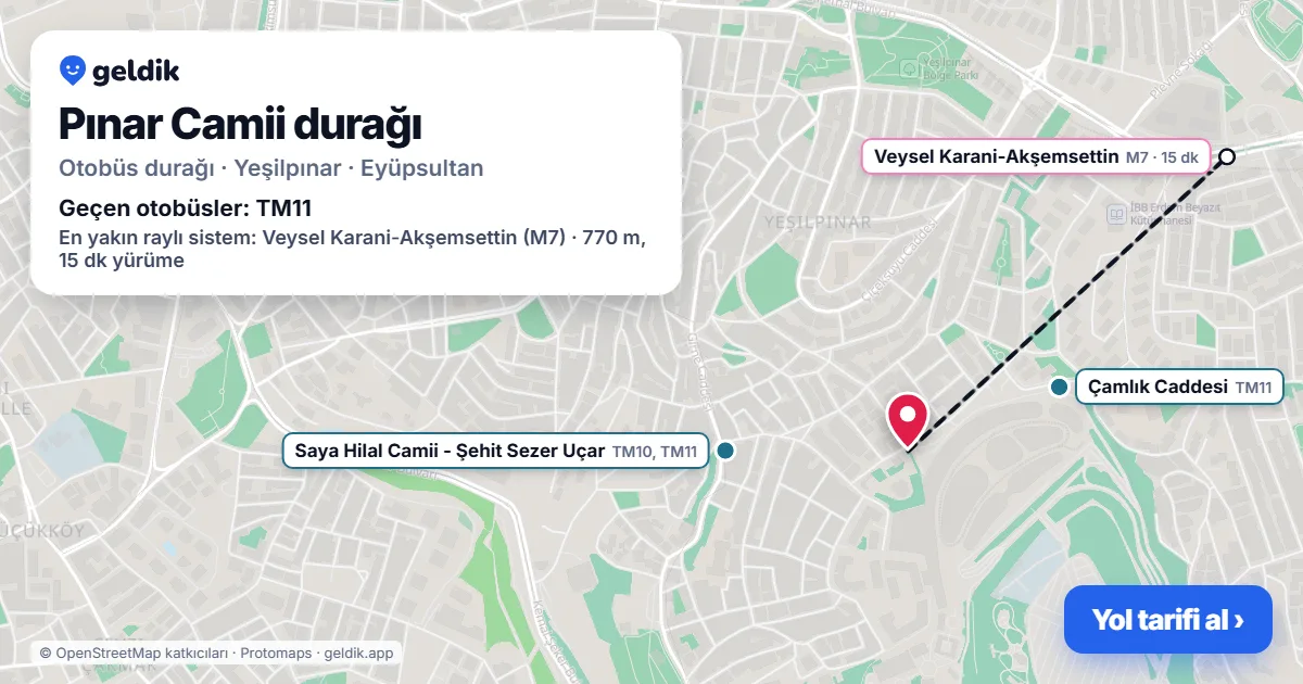 Pınar Camii otobüs durağı haritada: konumu ve yakındaki duraklar