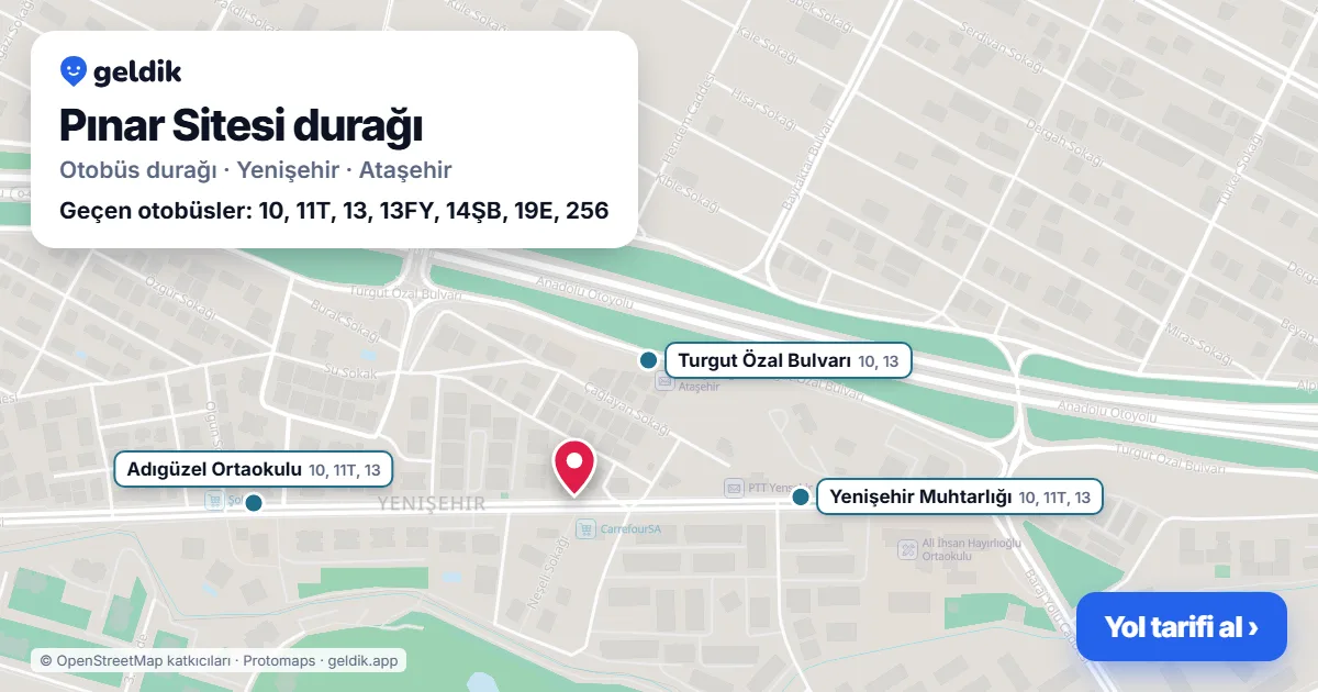 Pınar Sitesi otobüs durağı haritada: konumu ve yakındaki duraklar