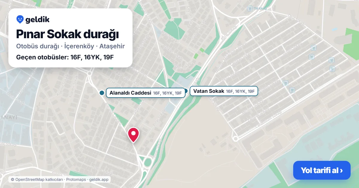Pınar Sokak otobüs durağı haritada: konumu ve yakındaki duraklar