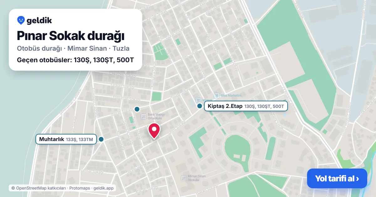 Pınar Sokak otobüs durağı haritada: konumu ve yakındaki duraklar
