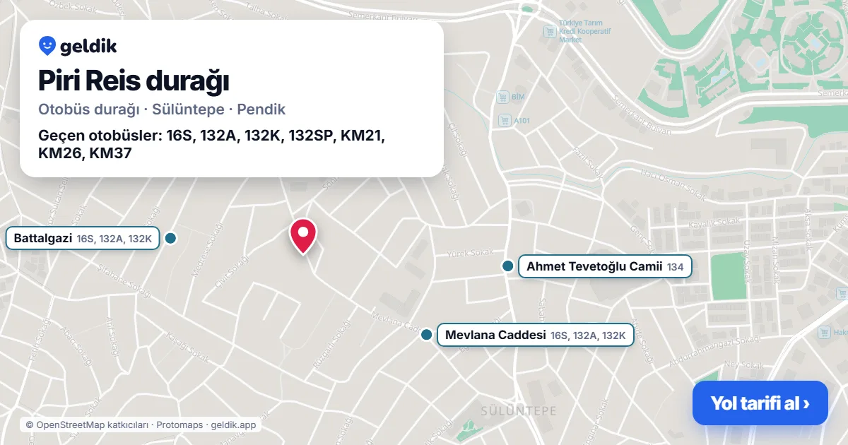 Piri Reis otobüs durağı haritada: konumu ve yakındaki duraklar