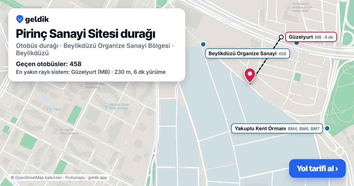Pirinç Sanayi Sitesi otobüs durağı haritada: konumu ve yakındaki duraklar