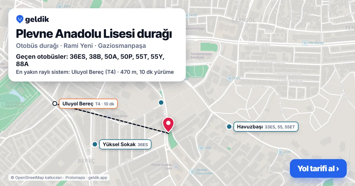 Plevne Anadolu Lisesi otobüs durağı haritada: konumu ve yakındaki duraklar