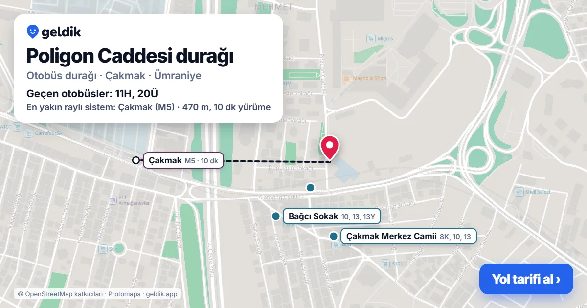 Poligon Caddesi otobüs durağı haritada: konumu ve yakındaki duraklar