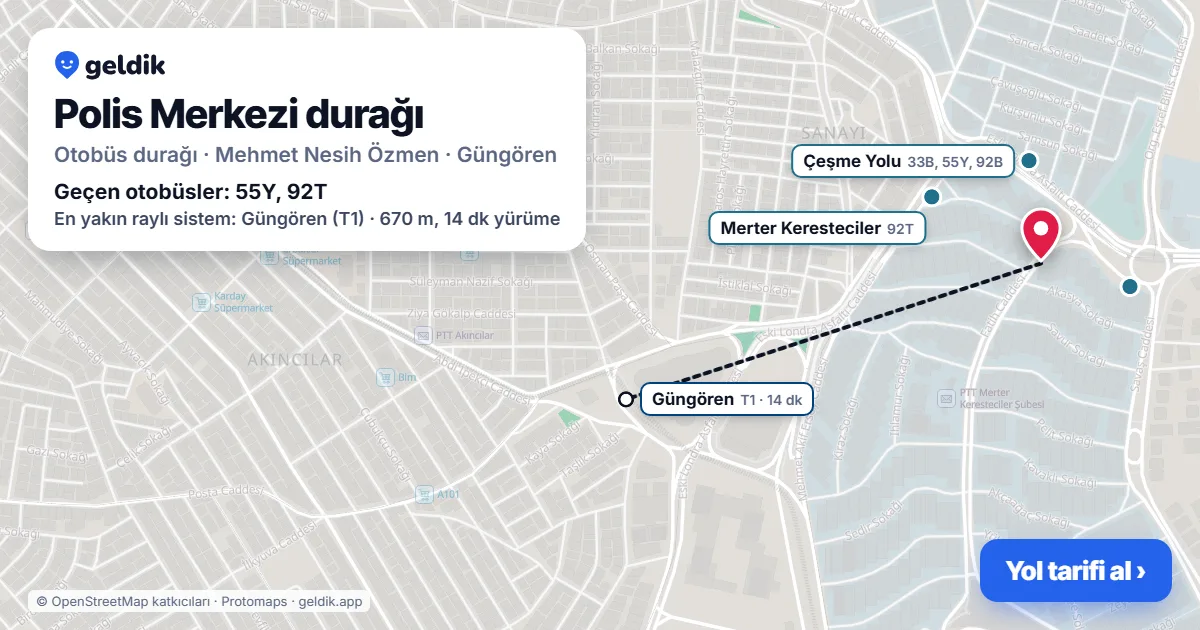 Polis Merkezi otobüs durağı haritada: konumu ve yakındaki duraklar