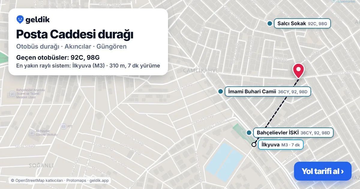 Posta Caddesi otobüs durağı haritada: konumu ve yakındaki duraklar