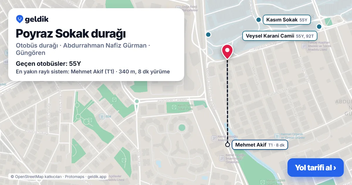 Poyraz Sokak otobüs durağı haritada: konumu ve yakındaki duraklar
